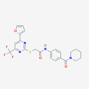 2-{[4-(2-furyl)-6-(trifluoromethyl)-2-pyrimidinyl]sulfanyl}-N-[4-(1-piperidinylcarbonyl)phenyl]acetamide