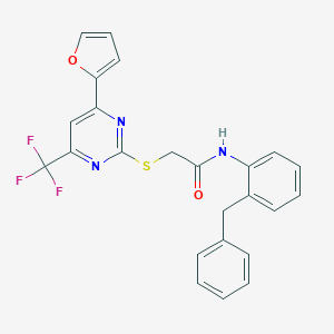 molecular formula C24H18F3N3O2S B319795 N-(2-benzylphenyl)-2-{[4-(2-furyl)-6-(trifluoromethyl)-2-pyrimidinyl]sulfanyl}acetamide 