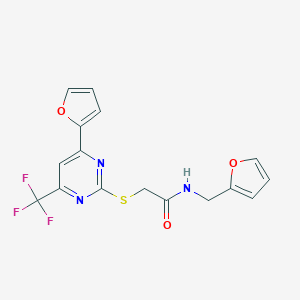 molecular formula C16H12F3N3O3S B319815 N-(2-furylmethyl)-2-{[4-(2-furyl)-6-(trifluoromethyl)-2-pyrimidinyl]sulfanyl}acetamide 