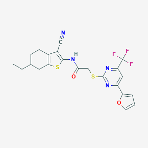 molecular formula C22H19F3N4O2S2 B319822 N-(3-Cyano-6-ethyl-4,5,6,7-tetrahydro-benzo[b]thiophen-2-yl)-2-(4-furan-2-yl-6-trifluoromethyl-pyrimidin-2-ylsulfanyl)-acetamide 