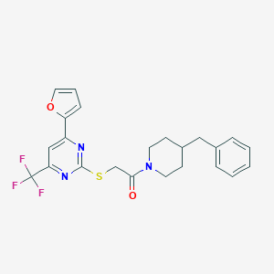 molecular formula C23H22F3N3O2S B319826 2-(4-Benzyl-1-piperidinyl)-2-oxoethyl 4-(2-furyl)-6-(trifluoromethyl)-2-pyrimidinyl sulfide 