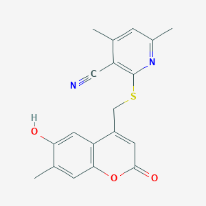 molecular formula C19H16N2O3S B3198340 2-(((6-hydroxy-7-methyl-2-oxo-2H-chromen-4-yl)methyl)thio)-4,6-dimethylnicotinonitrile CAS No. 1011625-33-4