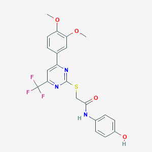 molecular formula C21H18F3N3O4S B319841 2-{[4-(3,4-dimethoxyphenyl)-6-(trifluoromethyl)-2-pyrimidinyl]sulfanyl}-N-(4-hydroxyphenyl)acetamide 