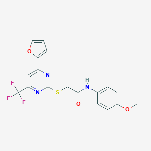 molecular formula C18H14F3N3O3S B319850 2-{[4-(2-furyl)-6-(trifluoromethyl)-2-pyrimidinyl]sulfanyl}-N-(4-methoxyphenyl)acetamide 