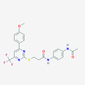 molecular formula C23H21F3N4O3S B319854 N-[4-(acetylamino)phenyl]-3-{[4-(4-methoxyphenyl)-6-(trifluoromethyl)-2-pyrimidinyl]sulfanyl}propanamide 