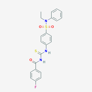 molecular formula C22H20FN3O3S2 B320181 N-({4-[ethyl(phenyl)sulfamoyl]phenyl}carbamothioyl)-4-fluorobenzamide 