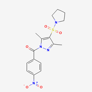 molecular formula C16H18N4O5S B3202061 3,5-dimethyl-1-(4-nitrobenzoyl)-4-(pyrrolidin-1-ylsulfonyl)-1H-pyrazole CAS No. 1020503-28-9