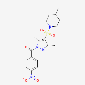 molecular formula C18H22N4O5S B3202075 1-{[3,5-dimethyl-1-(4-nitrobenzoyl)-1H-pyrazol-4-yl]sulfonyl}-4-methylpiperidine CAS No. 1020503-30-3