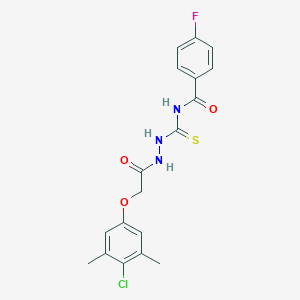 molecular formula C18H17ClFN3O3S B320230 N-({2-[(4-chloro-3,5-dimethylphenoxy)acetyl]hydrazino}carbothioyl)-4-fluorobenzamide 