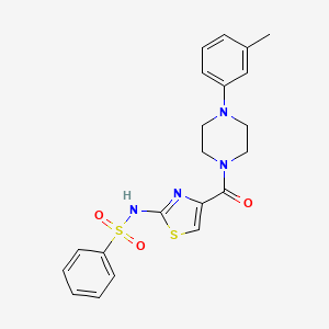 molecular formula C21H22N4O3S2 B3202692 N-(4-(4-(m-tolyl)piperazine-1-carbonyl)thiazol-2-yl)benzenesulfonamide CAS No. 1021213-21-7