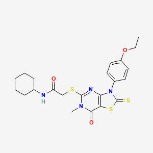 molecular formula C22H26N4O3S3 B3202914 N-cyclohexyl-2-((3-(4-ethoxyphenyl)-6-methyl-7-oxo-2-thioxo-2,3,6,7-tetrahydrothiazolo[4,5-d]pyrimidin-5-yl)thio)acetamide CAS No. 1021221-17-9