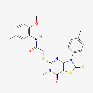 molecular formula C23H22N4O3S3 B3203477 N-(2-methoxy-5-methylphenyl)-2-((6-methyl-7-oxo-2-thioxo-3-(p-tolyl)-2,3,6,7-tetrahydrothiazolo[4,5-d]pyrimidin-5-yl)thio)acetamide CAS No. 1021258-23-0