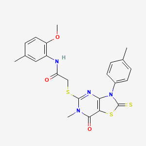 molecular formula C23H22N4O3S3 B3203477 N-(2-methoxy-5-methylphenyl)-2-{[6-methyl-3-(4-methylphenyl)-7-oxo-2-sulfanylidene-2H,3H,6H,7H-[1,3]thiazolo[4,5-d]pyrimidin-5-yl]sulfanyl}acetamide CAS No. 1021258-23-0