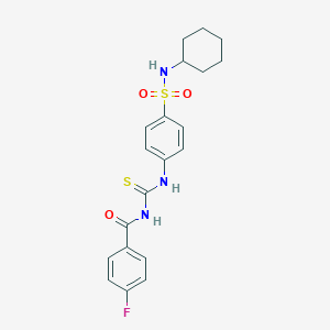 molecular formula C20H22FN3O3S2 B320377 N-{[4-(cyclohexylsulfamoyl)phenyl]carbamothioyl}-4-fluorobenzamide 