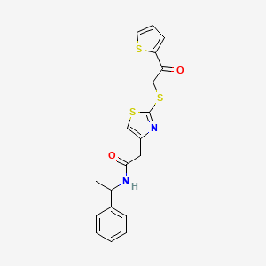 molecular formula C19H18N2O2S3 B3204959 2-(2-((2-oxo-2-(thiophen-2-yl)ethyl)thio)thiazol-4-yl)-N-(1-phenylethyl)acetamide CAS No. 1040638-37-6