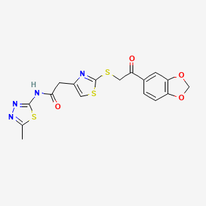 molecular formula C17H14N4O4S3 B3205045 2-(2-((2-(benzo[d][1,3]dioxol-5-yl)-2-oxoethyl)thio)thiazol-4-yl)-N-(5-methyl-1,3,4-thiadiazol-2-yl)acetamide CAS No. 1040639-31-3