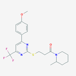 4-(4-Methoxyphenyl)-2-{[3-(2-methyl-1-piperidinyl)-3-oxopropyl]sulfanyl}-6-(trifluoromethyl)pyrimidine
