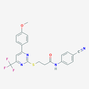 molecular formula C22H17F3N4O2S B320526 N-(4-cyanophenyl)-3-{[4-(4-methoxyphenyl)-6-(trifluoromethyl)-2-pyrimidinyl]sulfanyl}propanamide 