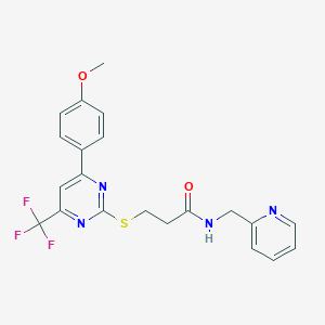 molecular formula C21H19F3N4O2S B320531 3-{[4-(4-methoxyphenyl)-6-(trifluoromethyl)-2-pyrimidinyl]sulfanyl}-N-(2-pyridinylmethyl)propanamide 