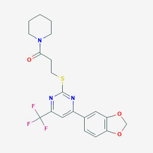 molecular formula C20H20F3N3O3S B320532 4-(1,3-Benzodioxol-5-yl)-2-{[3-oxo-3-(1-piperidinyl)propyl]sulfanyl}-6-(trifluoromethyl)pyrimidine 