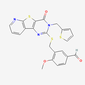 molecular formula C23H17N3O3S3 B3205641 4-Methoxy-3-(((4-oxo-3-(thiophen-2-ylmethyl)-3,4-dihydropyrido[3',2':4,5]thieno[3,2-d]pyrimidin-2-yl)thio)methyl)benzaldehyde CAS No. 1040651-88-4