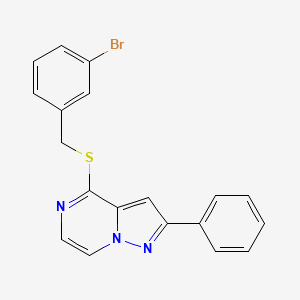 molecular formula C19H14BrN3S B3205837 4-[(3-Bromobenzyl)thio]-2-phenylpyrazolo[1,5-a]pyrazine CAS No. 1040658-53-4