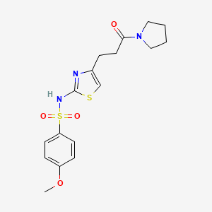 molecular formula C17H21N3O4S2 B3206353 4-methoxy-N-(4-(3-oxo-3-(pyrrolidin-1-yl)propyl)thiazol-2-yl)benzenesulfonamide CAS No. 1040668-00-5