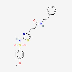 molecular formula C21H23N3O4S2 B3206400 3-(2-(4-methoxyphenylsulfonamido)thiazol-4-yl)-N-phenethylpropanamide CAS No. 1040668-43-6