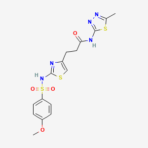 molecular formula C16H17N5O4S3 B3206436 3-(2-(4-methoxyphenylsulfonamido)thiazol-4-yl)-N-(5-methyl-1,3,4-thiadiazol-2-yl)propanamide CAS No. 1040668-87-8