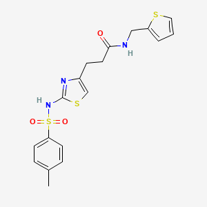 molecular formula C18H19N3O3S3 B3206488 3-(2-(4-methylphenylsulfonamido)thiazol-4-yl)-N-(thiophen-2-ylmethyl)propanamide CAS No. 1040669-71-3