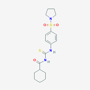 molecular formula C18H25N3O3S2 B320668 N-{[4-(pyrrolidin-1-ylsulfonyl)phenyl]carbamothioyl}cyclohexanecarboxamide 