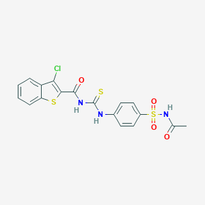 molecular formula C18H14ClN3O4S3 B320744 N-{[4-(acetylsulfamoyl)phenyl]carbamothioyl}-3-chloro-1-benzothiophene-2-carboxamide 