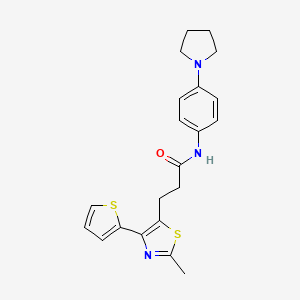 molecular formula C21H23N3OS2 B3207821 3-(2-methyl-4-(thiophen-2-yl)thiazol-5-yl)-N-(4-(pyrrolidin-1-yl)phenyl)propanamide CAS No. 1049131-95-4