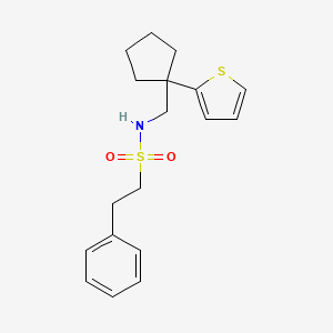 molecular formula C18H23NO2S2 B3209404 2-phenyl-N-((1-(thiophen-2-yl)cyclopentyl)methyl)ethanesulfonamide CAS No. 1058475-81-2