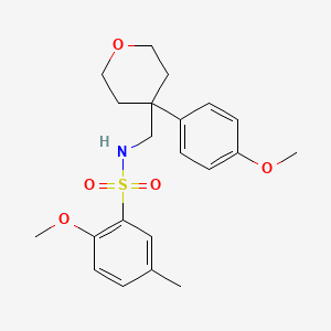 molecular formula C21H27NO5S B3211503 2-methoxy-N-((4-(4-methoxyphenyl)tetrahydro-2H-pyran-4-yl)methyl)-5-methylbenzenesulfonamide CAS No. 1091007-16-7