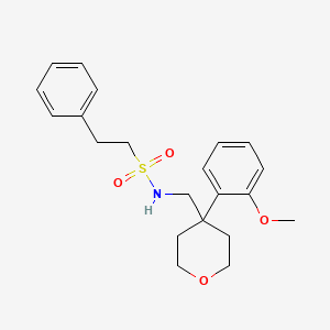 molecular formula C21H27NO4S B3211557 N-((4-(2-methoxyphenyl)tetrahydro-2H-pyran-4-yl)methyl)-2-phenylethanesulfonamide CAS No. 1091075-96-5