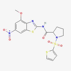 molecular formula C17H16N4O6S3 B3212881 N-(4-methoxy-6-nitrobenzo[d]thiazol-2-yl)-1-(thiophen-2-ylsulfonyl)pyrrolidine-2-carboxamide CAS No. 1105638-79-6