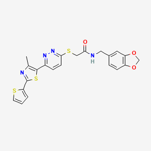 molecular formula C22H18N4O3S3 B3213298 N-(benzo[d][1,3]dioxol-5-ylmethyl)-2-((6-(4-methyl-2-(thiophen-2-yl)thiazol-5-yl)pyridazin-3-yl)thio)acetamide CAS No. 1115356-70-1