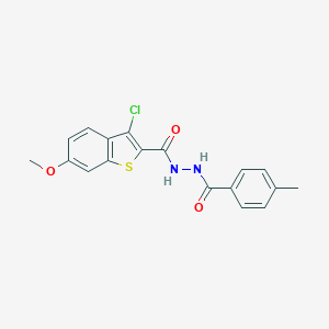 molecular formula C18H15ClN2O3S B321442 3-chloro-6-methoxy-N'-(4-methylbenzoyl)-1-benzothiophene-2-carbohydrazide 