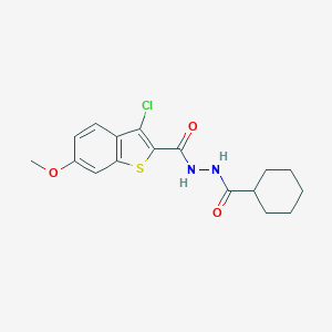 molecular formula C17H19ClN2O3S B321469 3-chloro-N'-(cyclohexylcarbonyl)-6-methoxy-1-benzothiophene-2-carbohydrazide 