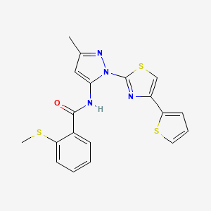 molecular formula C19H16N4OS3 B3215934 N-(3-methyl-1-(4-(thiophen-2-yl)thiazol-2-yl)-1H-pyrazol-5-yl)-2-(methylthio)benzamide CAS No. 1170077-26-5