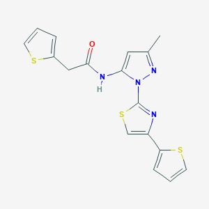 molecular formula C17H14N4OS3 B3216250 N-(3-methyl-1-(4-(thiophen-2-yl)thiazol-2-yl)-1H-pyrazol-5-yl)-2-(thiophen-2-yl)acetamide CAS No. 1171360-00-1