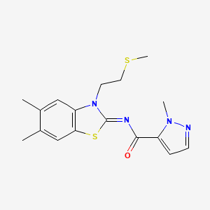 molecular formula C17H20N4OS2 B3216987 (E)-N-(5,6-dimethyl-3-(2-(methylthio)ethyl)benzo[d]thiazol-2(3H)-ylidene)-1-methyl-1H-pyrazole-5-carboxamide CAS No. 1173512-87-2