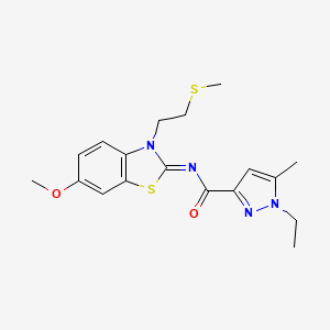 molecular formula C18H22N4O2S2 B3217005 (E)-1-ethyl-N-(6-methoxy-3-(2-(methylthio)ethyl)benzo[d]thiazol-2(3H)-ylidene)-5-methyl-1H-pyrazole-3-carboxamide CAS No. 1173566-83-0