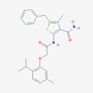 molecular formula C25H28N2O3S B321773 5-Benzyl-2-{[(2-isopropyl-5-methylphenoxy)acetyl]amino}-4-methyl-3-thiophenecarboxamide 