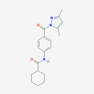 molecular formula C19H23N3O2 B321876 N-{4-[(3,5-dimethyl-1H-pyrazol-1-yl)carbonyl]phenyl}cyclohexanecarboxamide 