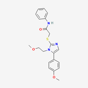molecular formula C21H23N3O3S B3221335 2-((1-(2-methoxyethyl)-5-(4-methoxyphenyl)-1H-imidazol-2-yl)thio)-N-phenylacetamide CAS No. 1206992-75-7