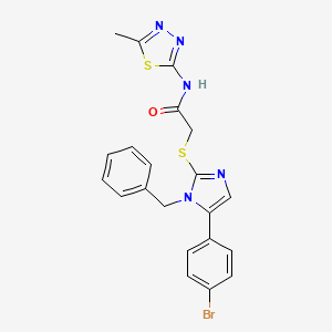 molecular formula C21H18BrN5OS2 B3221617 2-((1-benzyl-5-(4-bromophenyl)-1H-imidazol-2-yl)thio)-N-(5-methyl-1,3,4-thiadiazol-2-yl)acetamide CAS No. 1207041-34-6