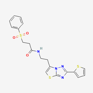 molecular formula C19H18N4O3S3 B3222000 3-(phenylsulfonyl)-N-(2-(2-(thiophen-2-yl)thiazolo[3,2-b][1,2,4]triazol-6-yl)ethyl)propanamide CAS No. 1210367-71-7