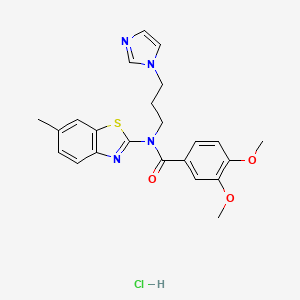 molecular formula C23H25ClN4O3S B3222816 N-(3-(1H-imidazol-1-yl)propyl)-3,4-dimethoxy-N-(6-methylbenzo[d]thiazol-2-yl)benzamide hydrochloride CAS No. 1215526-96-7